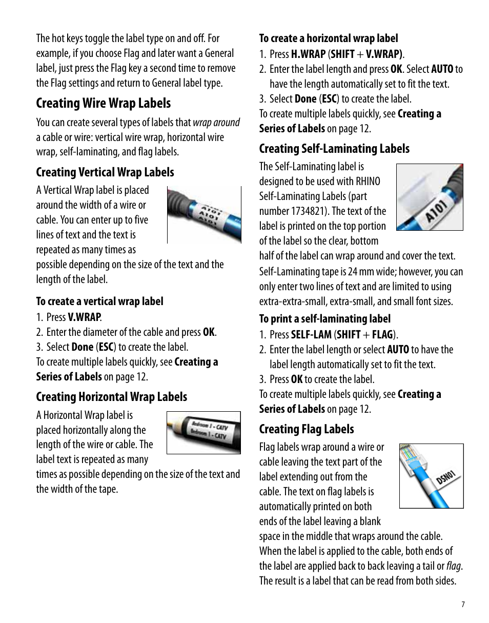 Creating wire wrap labels, Creating vertical wrap labels, Creating horizontal wrap labels | Creating self-laminating labels, Creating flag labels | Dymo Rhino 6000 User Manual | Page 13 / 32