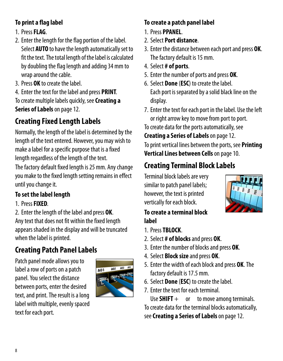 Creating fixed length labels, Creating patch panel labels, Creating terminal block labels | Dymo Rhino 6000 User Manual | Page 14 / 32