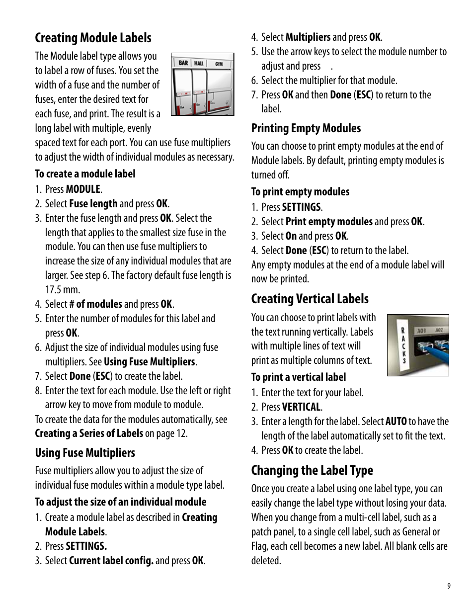 Creating module labels, Using fuse multipliers, Printing empty modules | Creating vertical labels, Changing the label type, Using fuse multipliers printing empty modules, Creating vertical labels changing the label type | Dymo Rhino 6000 User Manual | Page 15 / 32