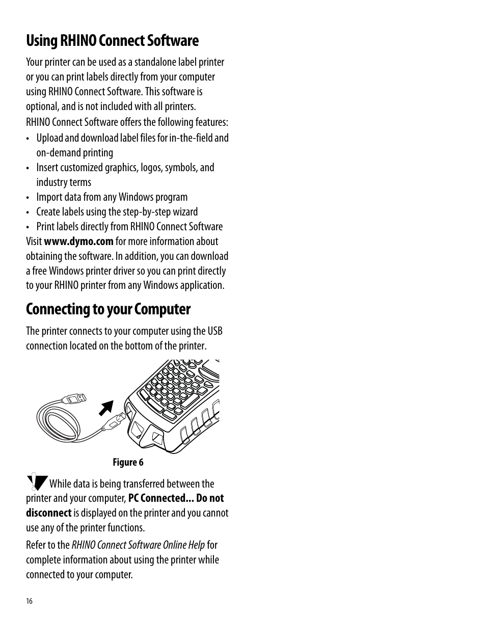 Using rhino connect software, Connecting to your computer | Dymo Rhino 6000 User Manual | Page 22 / 32