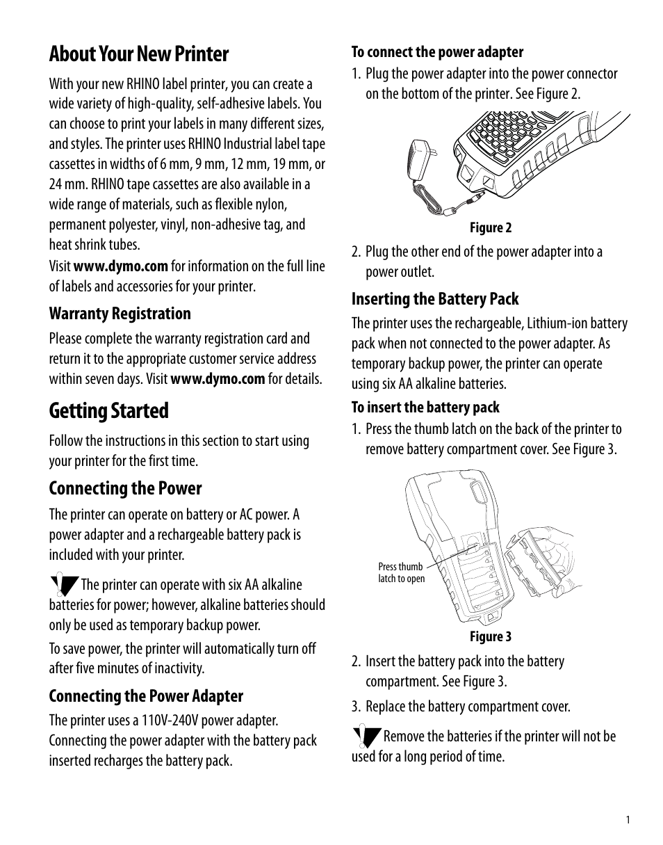 About your new printer, Getting started, Connecting the power | Connecting the power adapter, Inserting the battery pack, About your new printer getting started | Dymo Rhino 6000 User Manual | Page 7 / 32