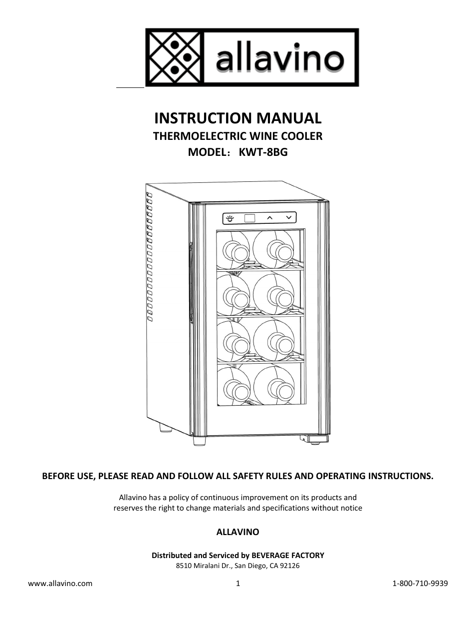 Allavino KWT-8BG Thermoelectric Wine Cooler - 8 Bottle Capacity User Manual | 9 pages