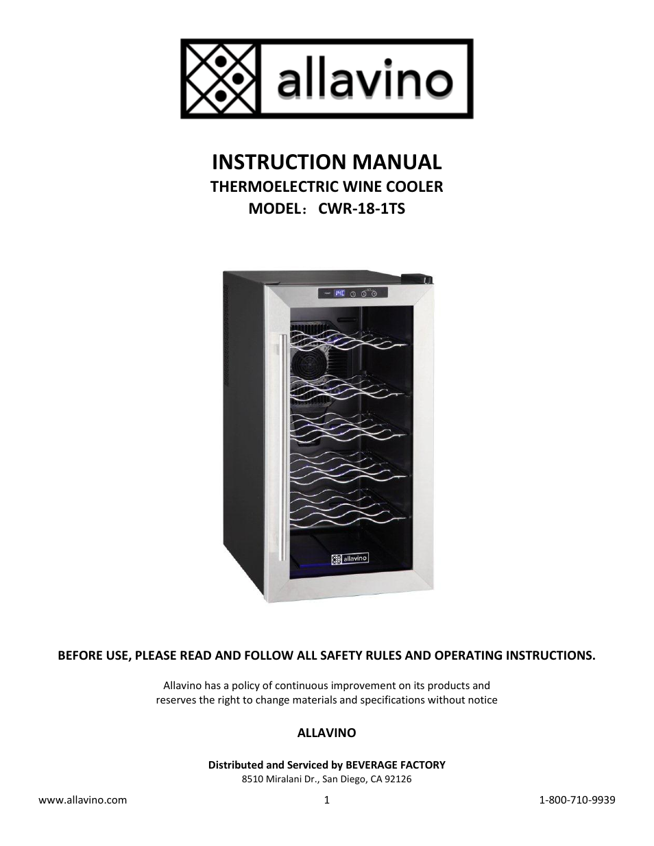 Allavino Cascina CWR-18-1TS Thermoelectric Wine Cooler - 18 Bottle Capacity User Manual | 9 pages