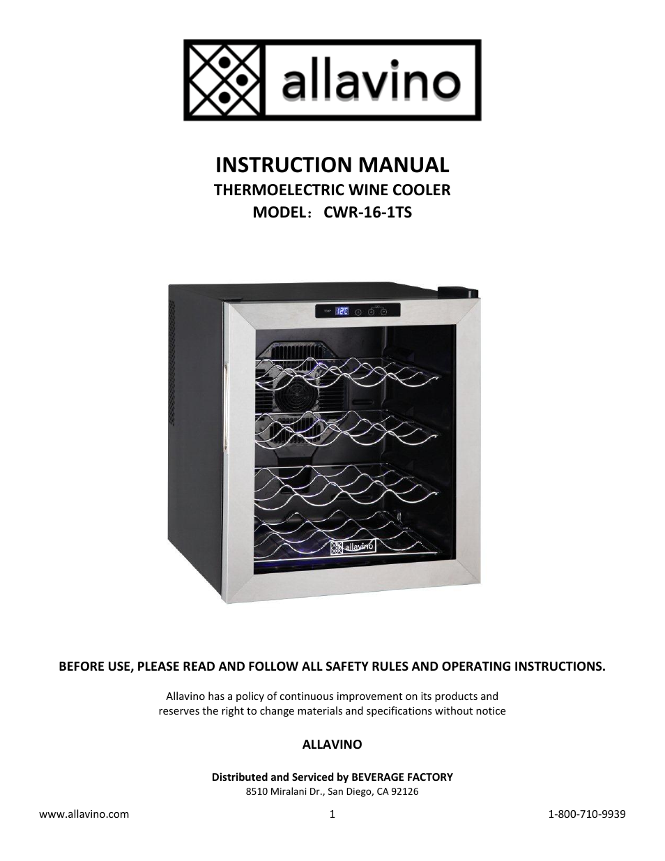 Allavino Cascina CWR-16-1TS Thermoelectric Wine Cooler - 16 Bottle Capacity User Manual | 9 pages