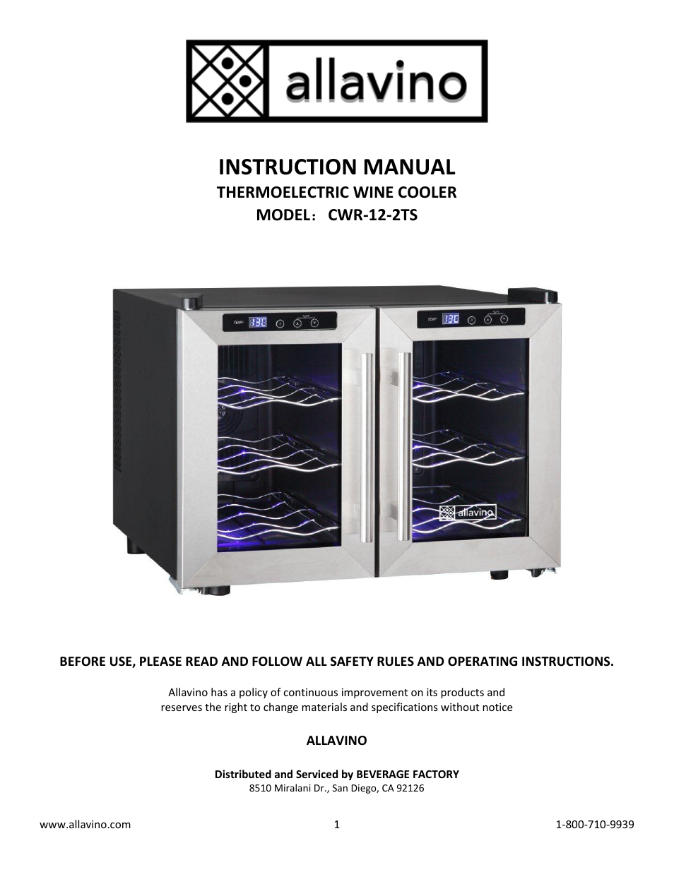 Allavino Cascina CWR-12-2TS Thermoelectric Dual Zone Wine Cooler - 12 Bottle Capacity User Manual | 9 pages