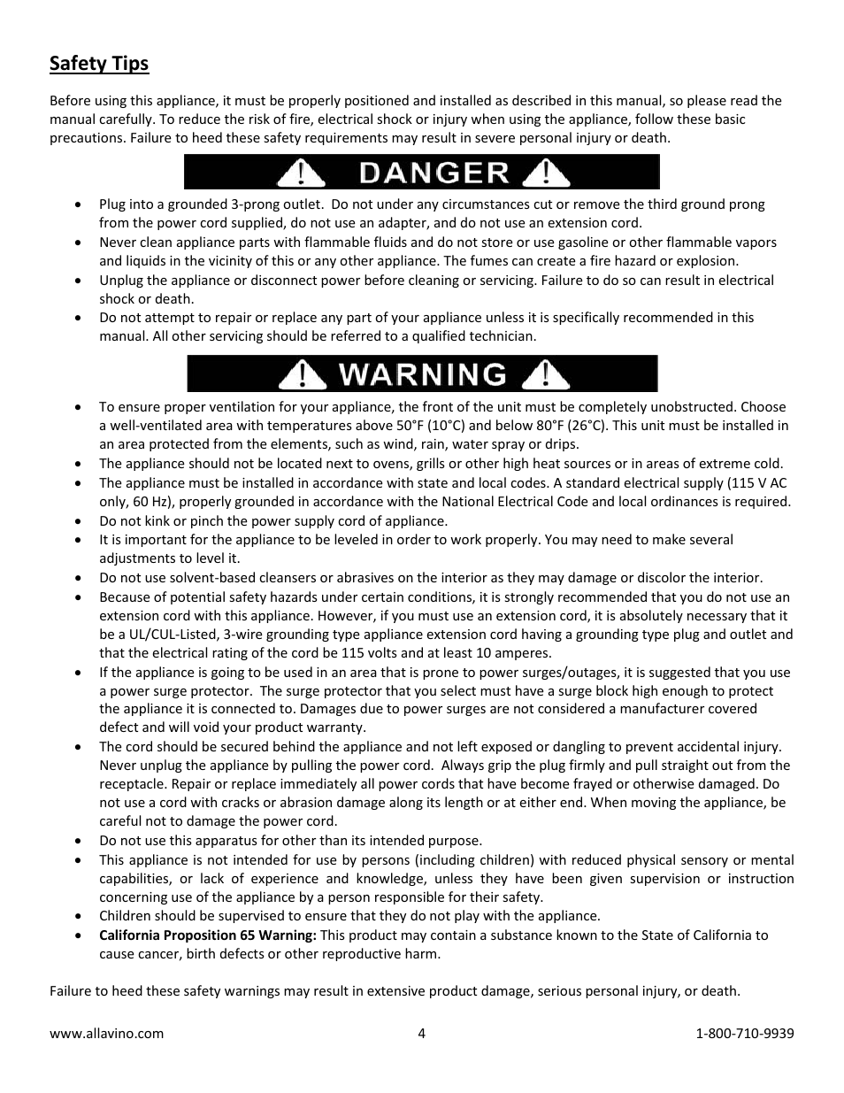 Safety tips | Allavino Cascina CWR-12-2TS Thermoelectric Dual Zone Wine Cooler - 12 Bottle Capacity User Manual | Page 4 / 9