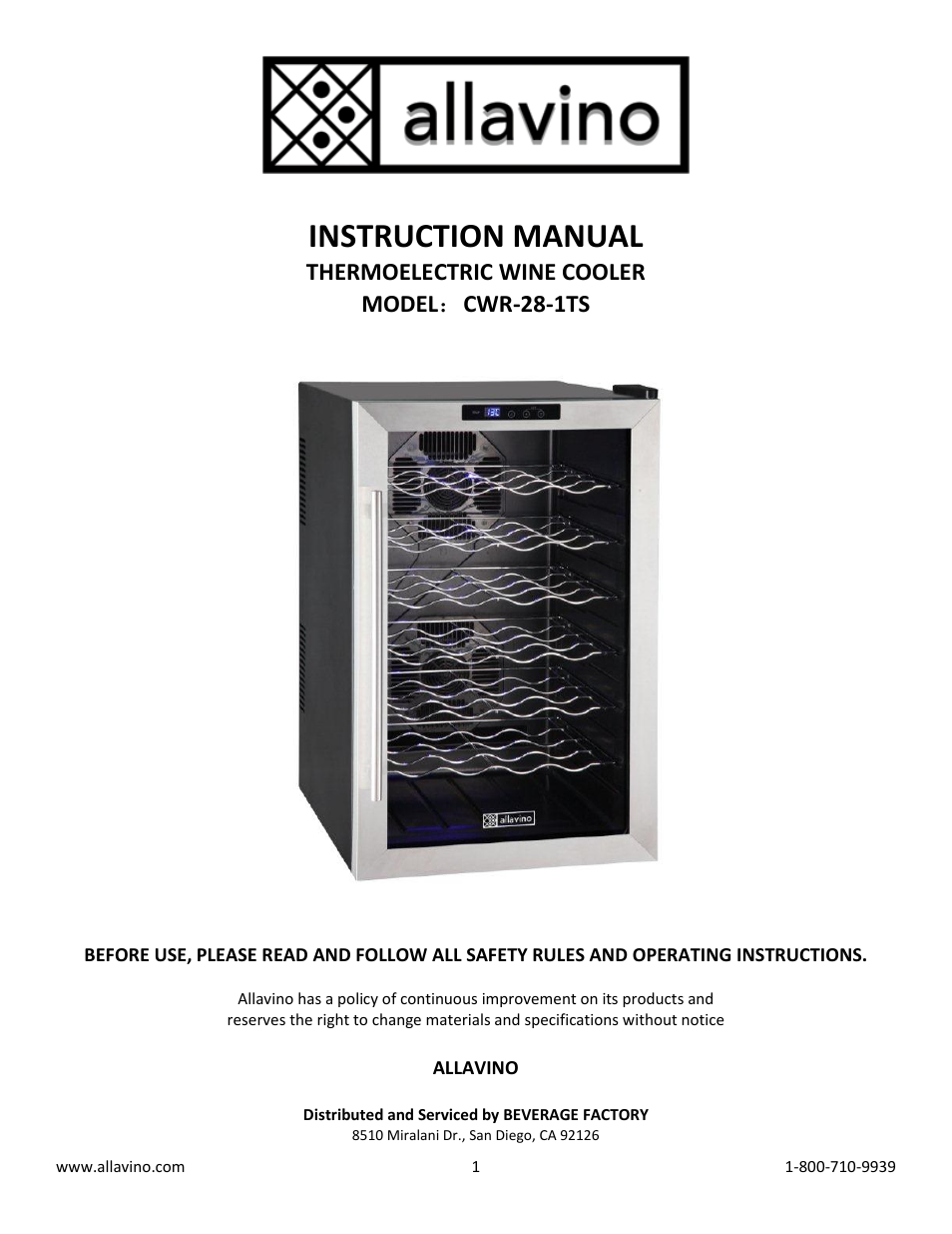 Allavino Cascina CWR-28-1TS Thermoelectric Wine Cooler - 28 Bottle Capacity User Manual | 9 pages