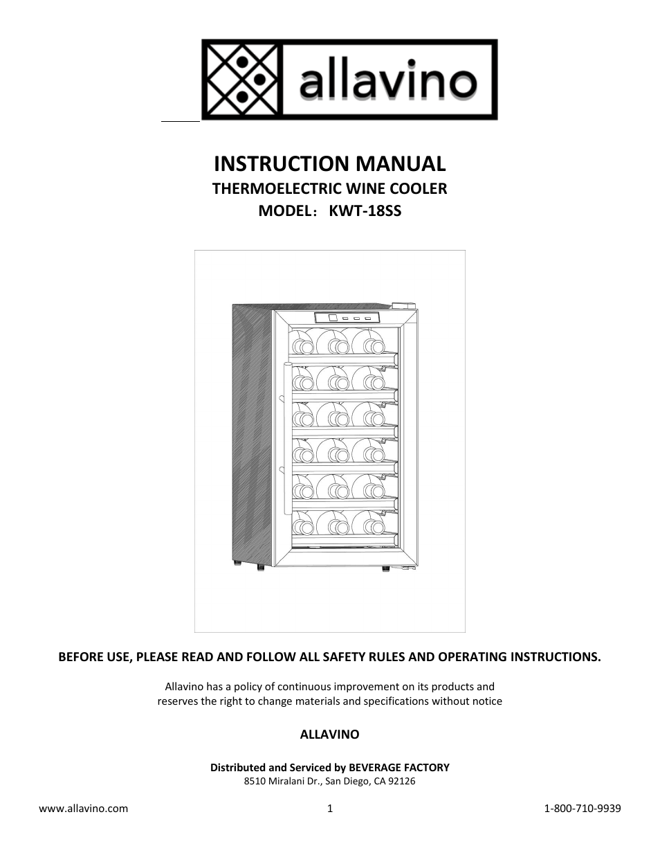 Allavino KWT-18SS Thermoelectric Wine Cooler - 18 Bottle Capacity - Stainless Steel Door Frame User Manual | 9 pages