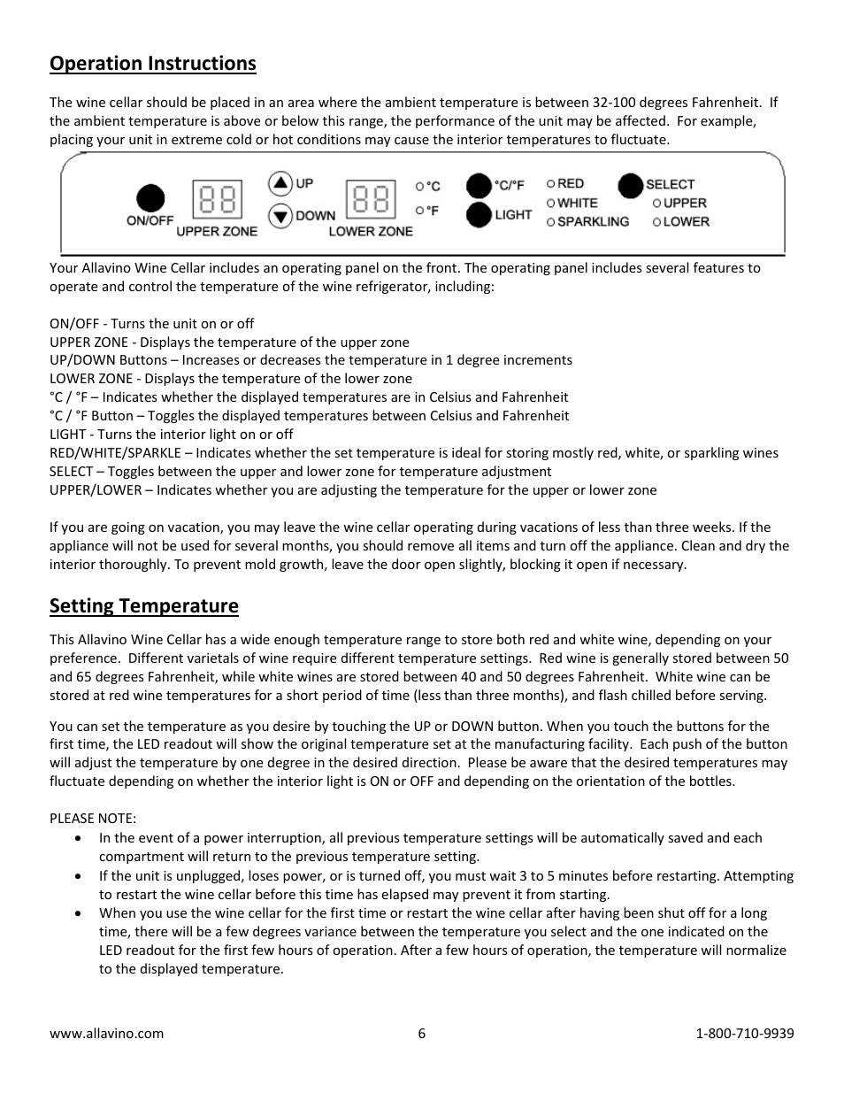 Operation instructions, Setting temperature | Allavino VWR4302-SRT FlexCount Series Dual Zone Wine Cooler Refrigerator - 30 Bottle Capacity - Towel Bar Handle User Manual | Page 6 / 10