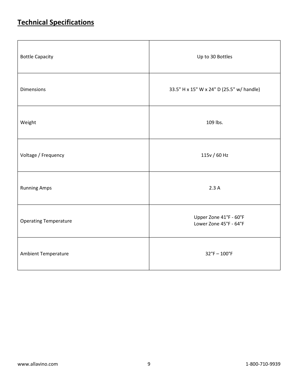 Technical specifications | Allavino VWR4302-SRT FlexCount Series Dual Zone Wine Cooler Refrigerator - 30 Bottle Capacity - Towel Bar Handle User Manual | Page 9 / 10