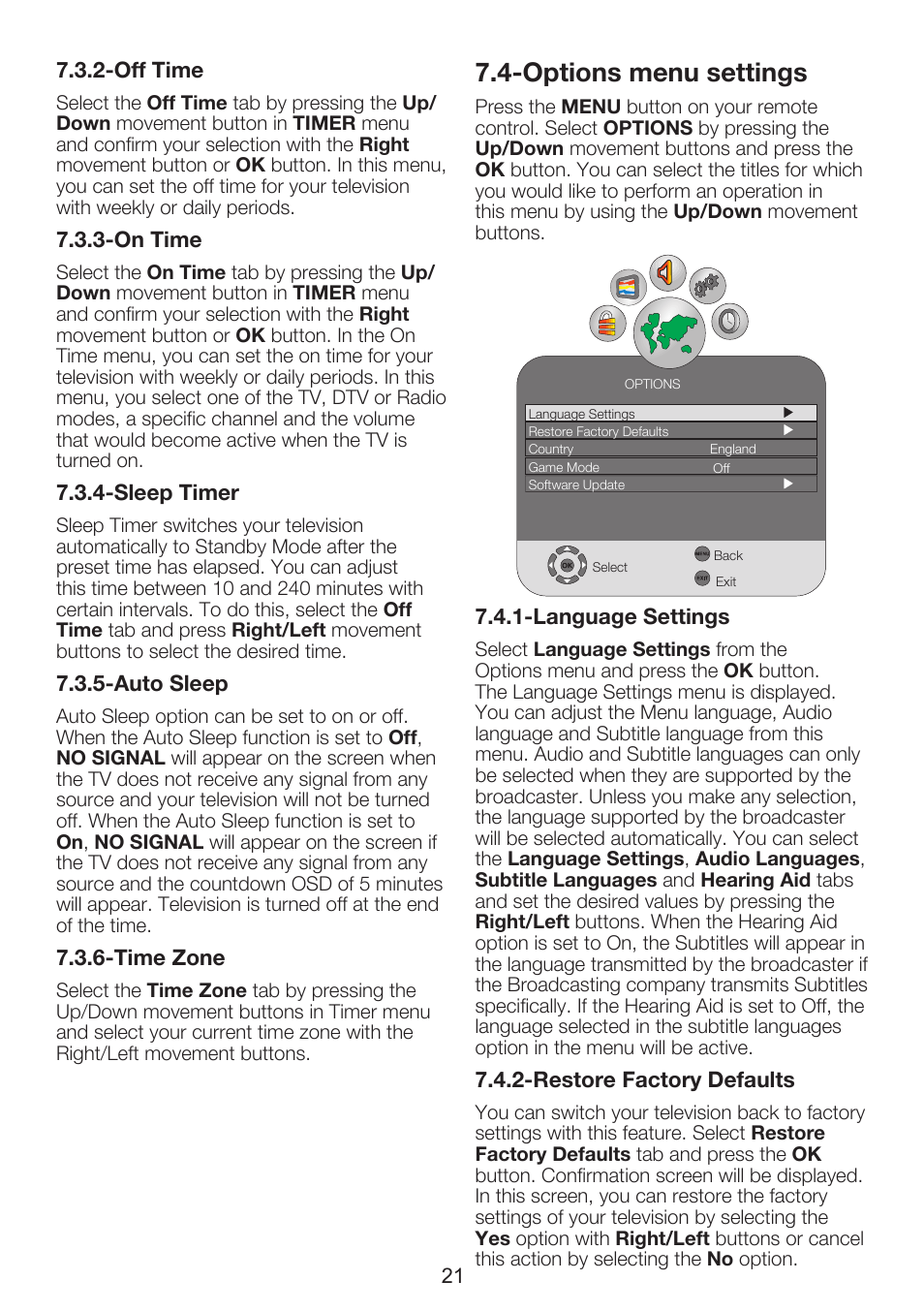 Options menu settings | Beko INTEGRATED DIGITAL HD READY COLOUR TELEVISIONS 32WLU530HID User Manual | Page 23 / 37