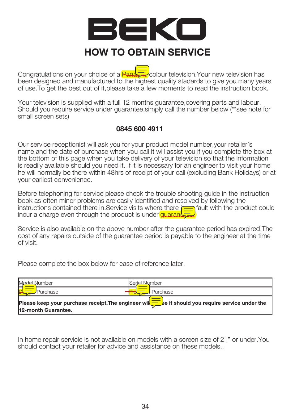 13 how to obtain service | Beko INTEGRATED DIGITAL HD READY COLOUR TELEVISIONS 32WLU530HID User Manual | Page 36 / 37