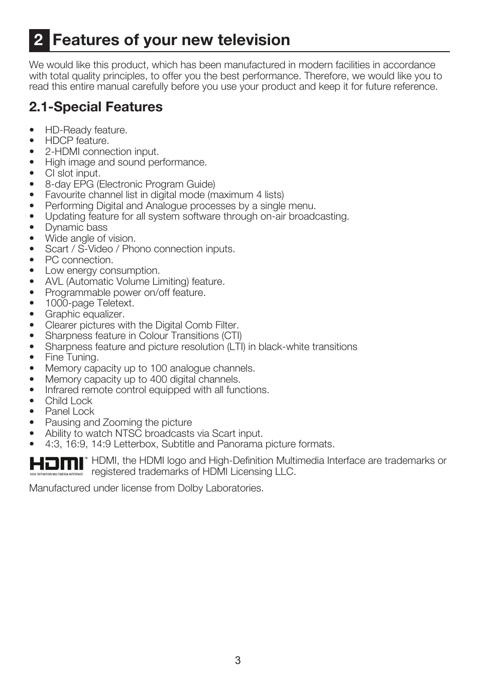 2features of your new television, Special features | Beko INTEGRATED DIGITAL HD READY COLOUR TELEVISIONS 32WLU530HID User Manual | Page 5 / 37