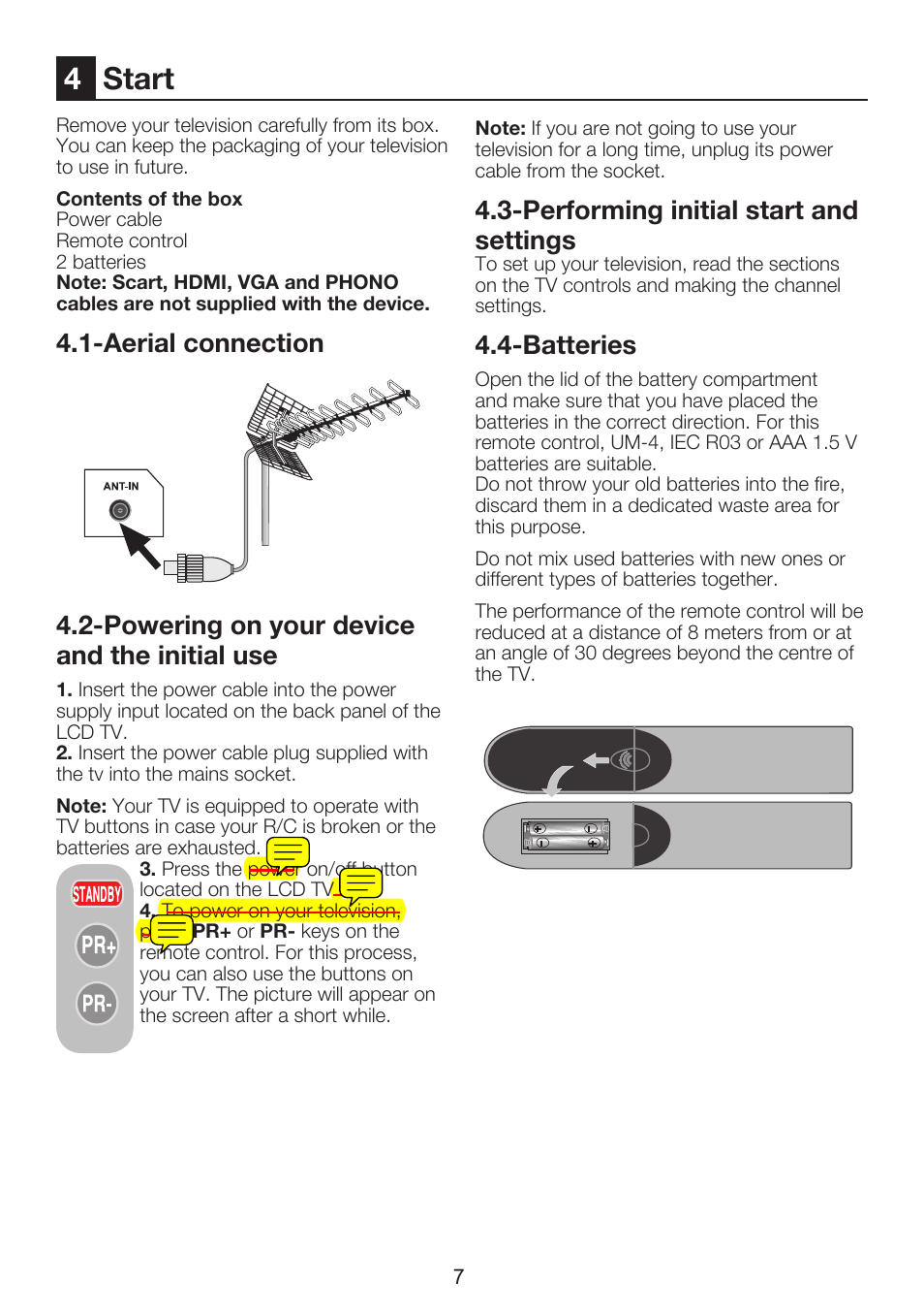 4start, Performing initial start and settings, Batteries | Beko INTEGRATED DIGITAL HD READY COLOUR TELEVISIONS 32WLU530HID User Manual | Page 9 / 37