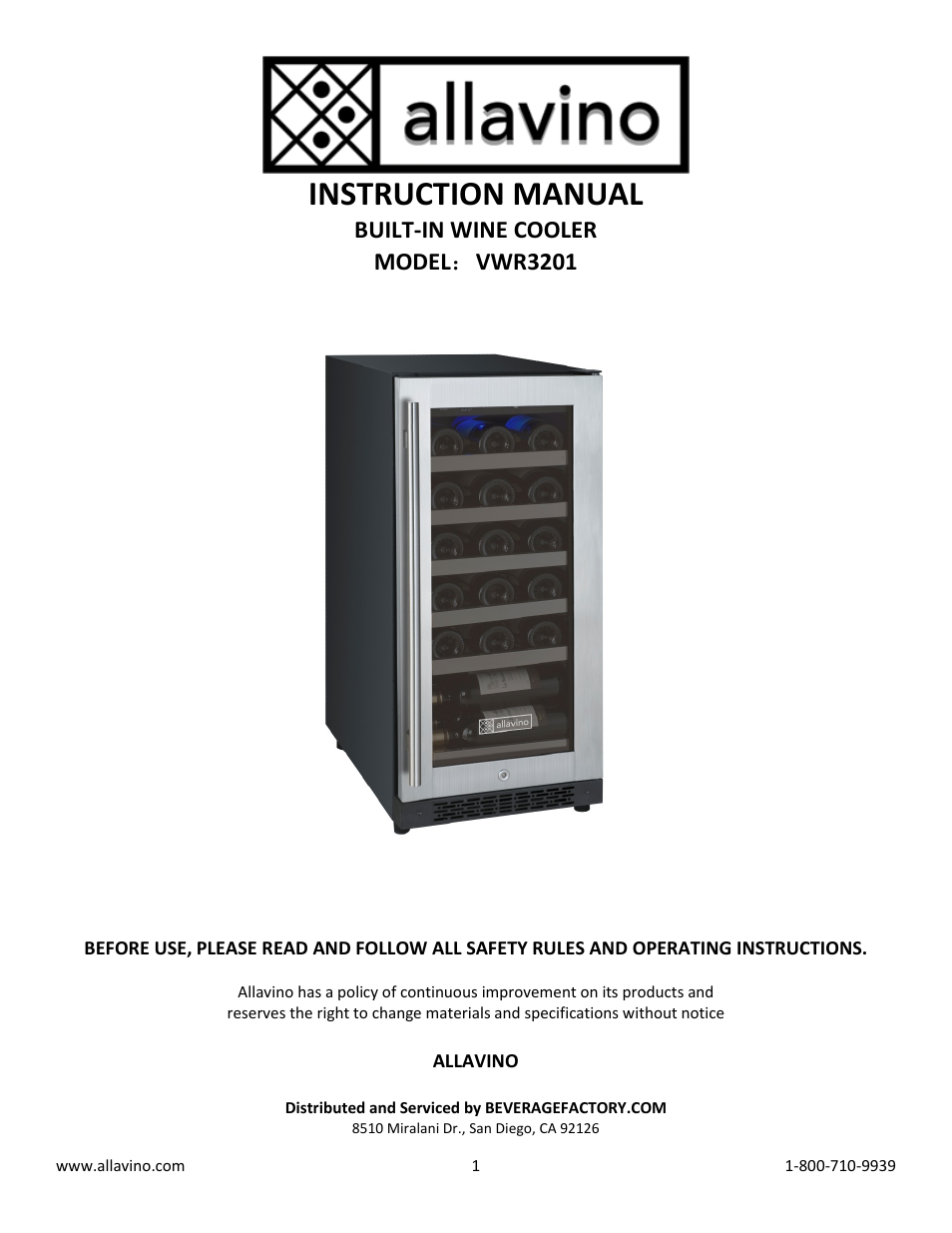 Allavino VWR3201-SRC FlexCount Series 15 Single Zone Wine Cooler Refrigerator - 30 Bottle Capacity - Curved Handle User Manual | 10 pages