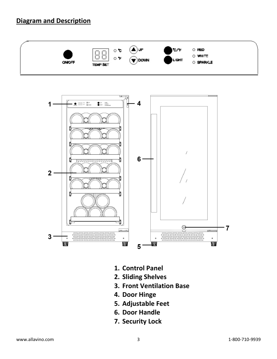 Diagram and description | Allavino VWR3201-SRC FlexCount Series 15 Single Zone Wine Cooler Refrigerator - 30 Bottle Capacity - Curved Handle User Manual | Page 3 / 10