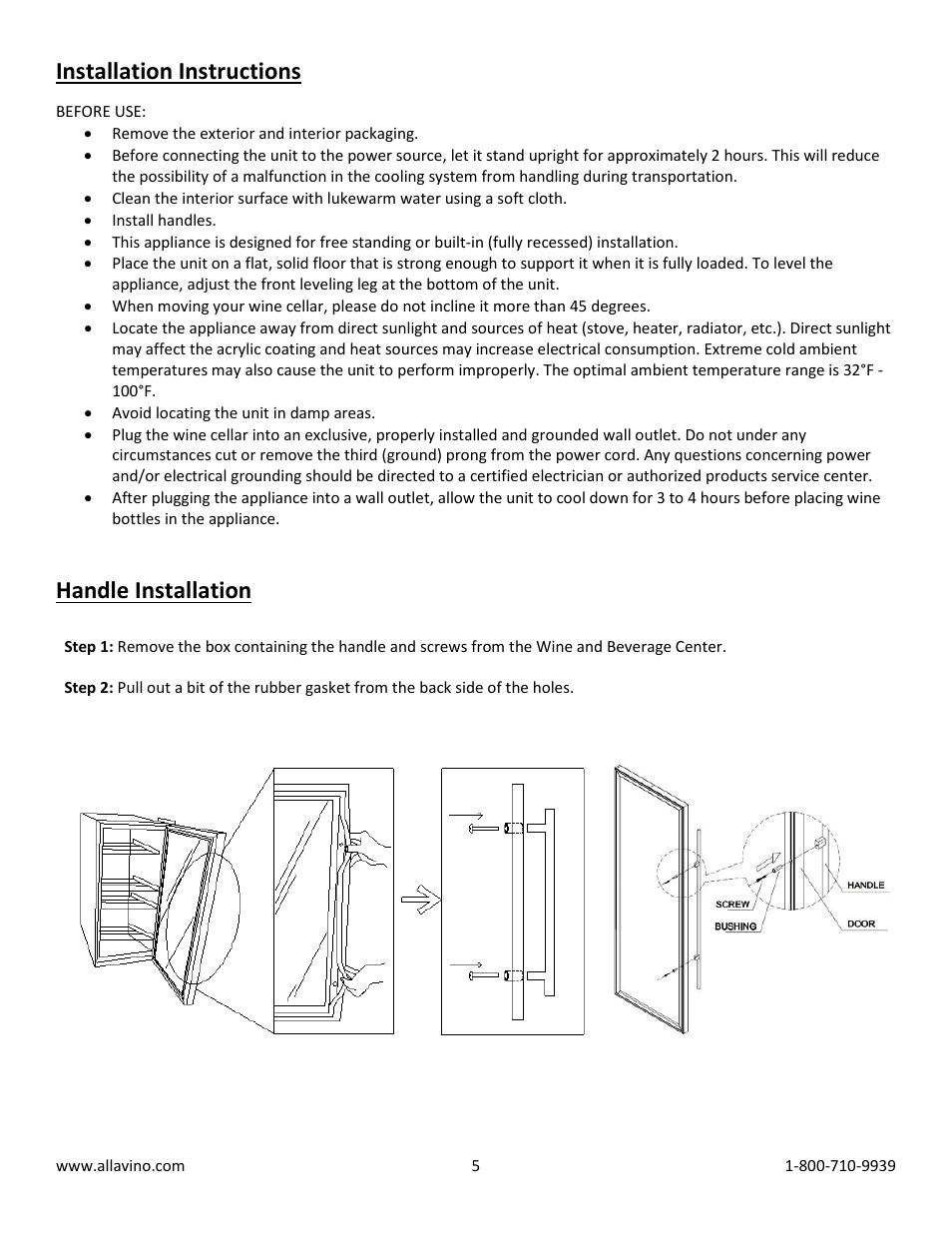 Installation instructions, Handle installation | Allavino VWR3201-SRC FlexCount Series 15 Single Zone Wine Cooler Refrigerator - 30 Bottle Capacity - Curved Handle User Manual | Page 5 / 10