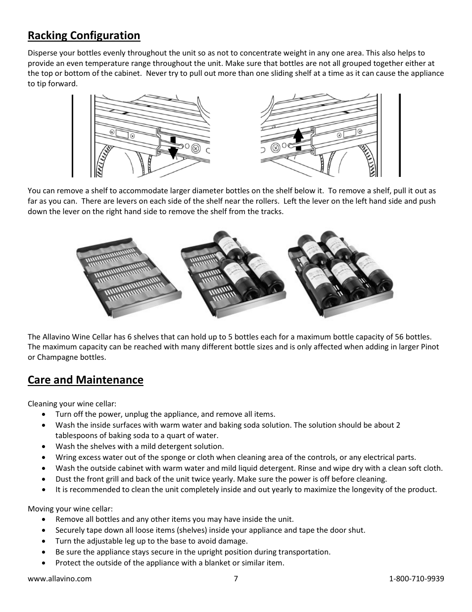 Racking configuration, Care and maintenance | Allavino VWR3201-SRC FlexCount Series 15 Single Zone Wine Cooler Refrigerator - 30 Bottle Capacity - Curved Handle User Manual | Page 7 / 10
