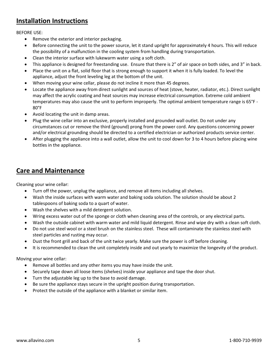 Installation instructions, Care and maintenance | Allavino Cascina CWR-41-2SD Dual Zone Wine Cooler - 44 Bottle Capacity User Manual | Page 5 / 11