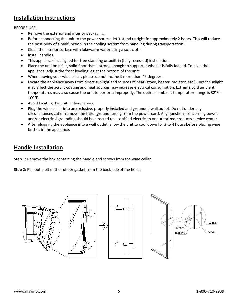 Installation instructions, Handle installation | Allavino VWR3602-SRC FlexCount Series Wine Refrigerator 36 Bottle Dual Zone - Curved Handle User Manual | Page 5 / 10