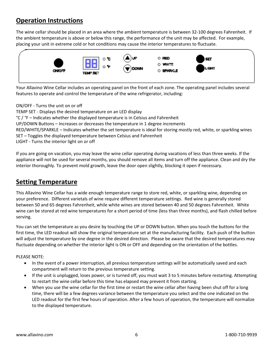 Operation instructions, Setting temperature | Allavino VWR3602-SRC FlexCount Series Wine Refrigerator 36 Bottle Dual Zone - Curved Handle User Manual | Page 6 / 10