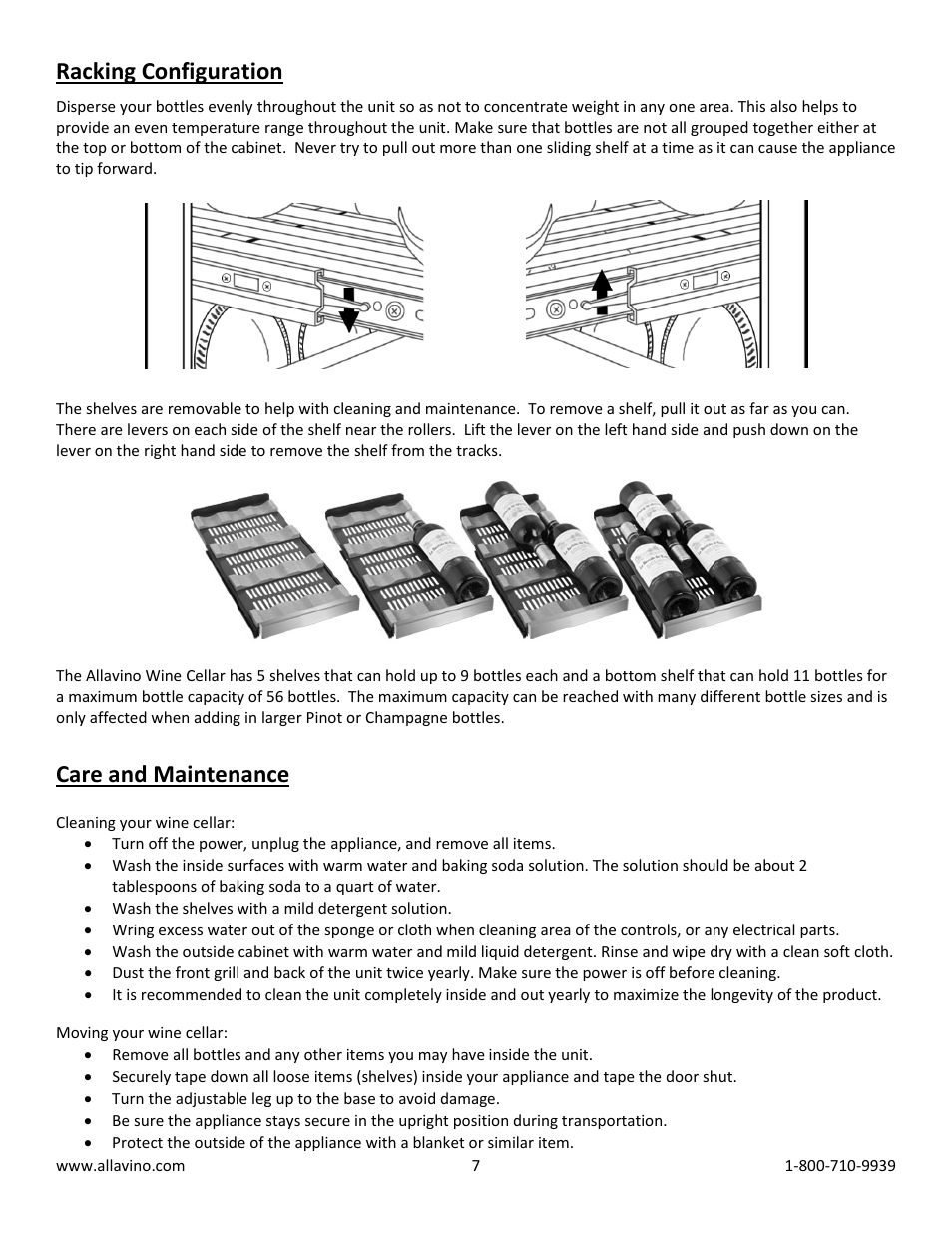Racking configuration, Care and maintenance | Allavino VWR3602-SRC FlexCount Series Wine Refrigerator 36 Bottle Dual Zone - Curved Handle User Manual | Page 7 / 10