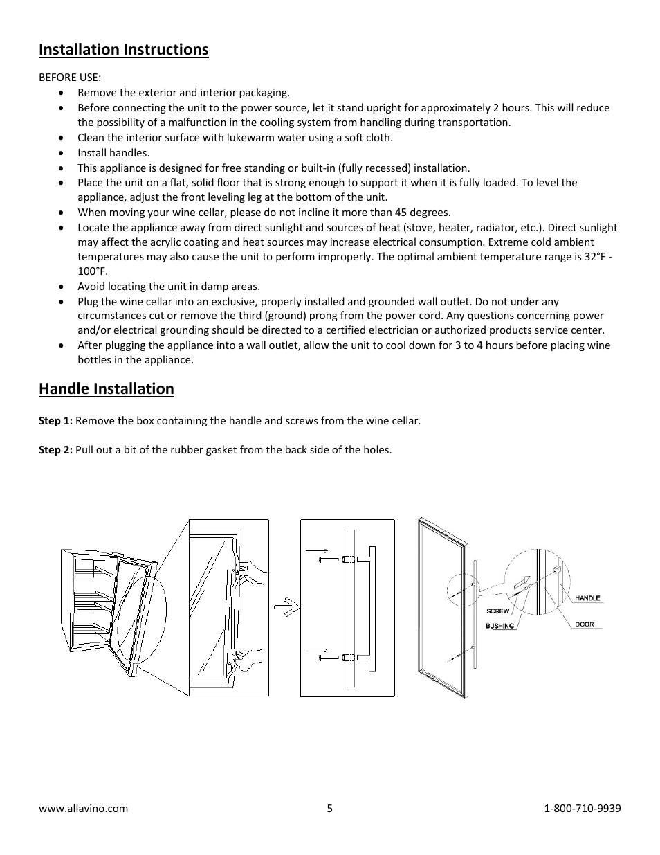 Installation instructions, Handle installation | Allavino VWR5601-SRT FlexCount Series 56 Bottle Single Zone Wine Refrigerator with Towel Bar Handle - Right Hinge User Manual | Page 5 / 10