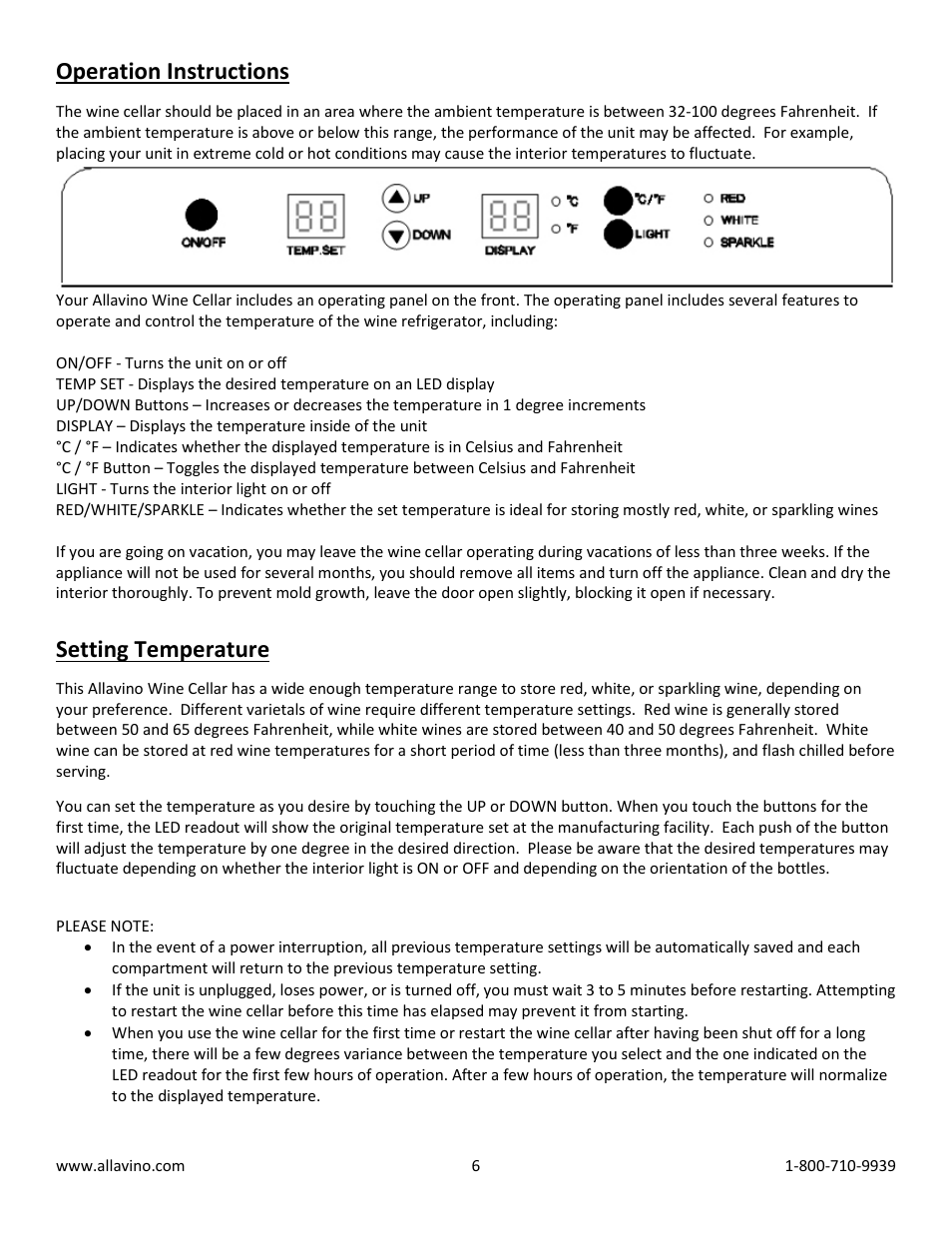 Operation instructions, Setting temperature | Allavino VWR5601-SRT FlexCount Series 56 Bottle Single Zone Wine Refrigerator with Towel Bar Handle - Right Hinge User Manual | Page 6 / 10