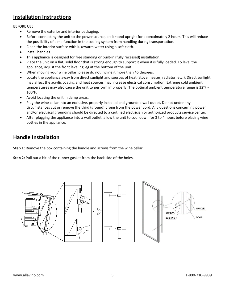 Installation instructions, Handle installation | Allavino VWR6702-SRT FlexCount Series 56 Bottle Dual-Zone Wine Refrigerator - Right Hinge with Towel Bar Handle User Manual | Page 5 / 10