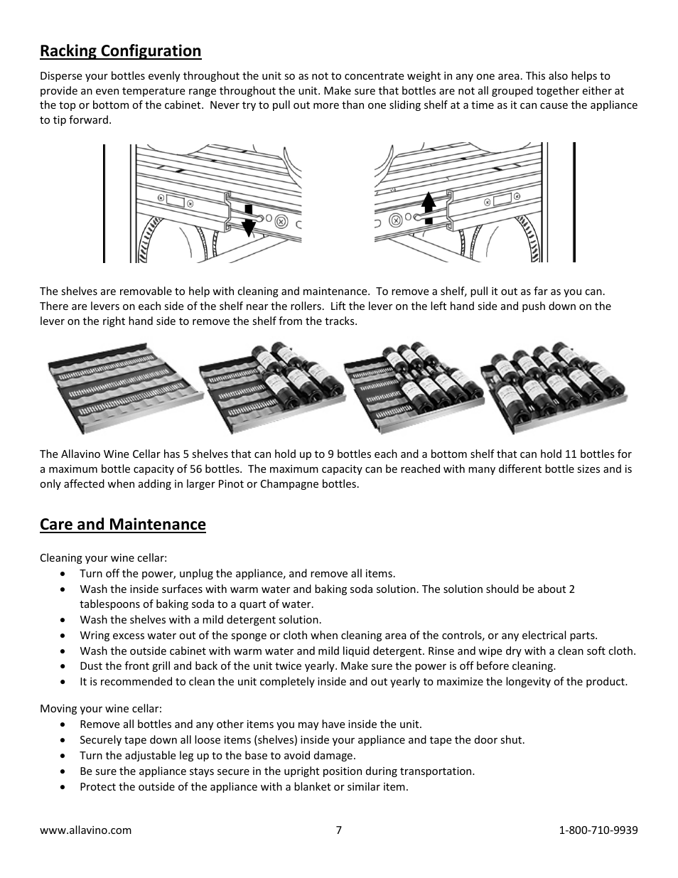 Racking configuration, Care and maintenance | Allavino VWR6702-SRT FlexCount Series 56 Bottle Dual-Zone Wine Refrigerator - Right Hinge with Towel Bar Handle User Manual | Page 7 / 10