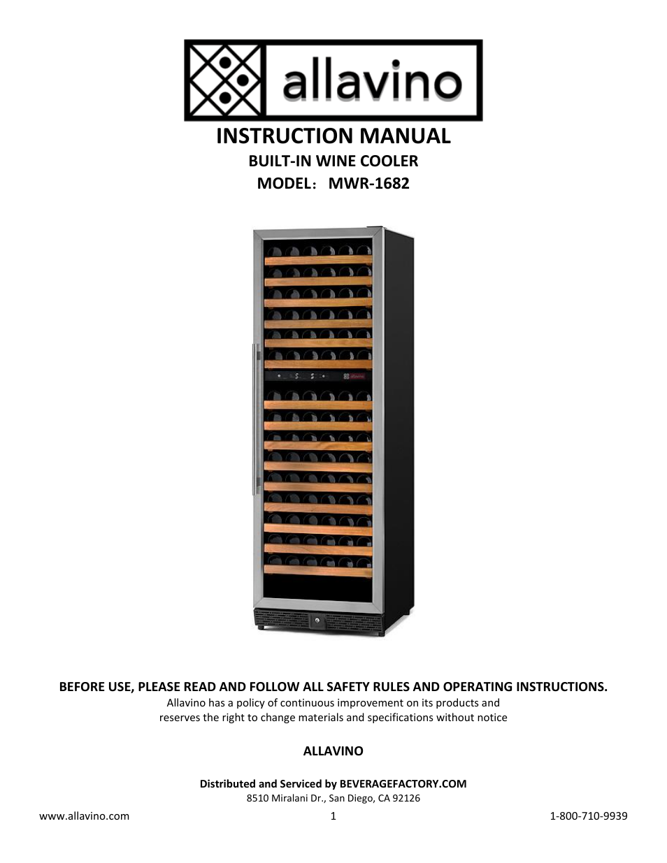 Allavino MWR-1682-BR-C Dual-Zone Wine Cellar Refrigerator - 170 Bottle Capacity - Right Hinge Black Door with Curved Handle User Manual | 10 pages