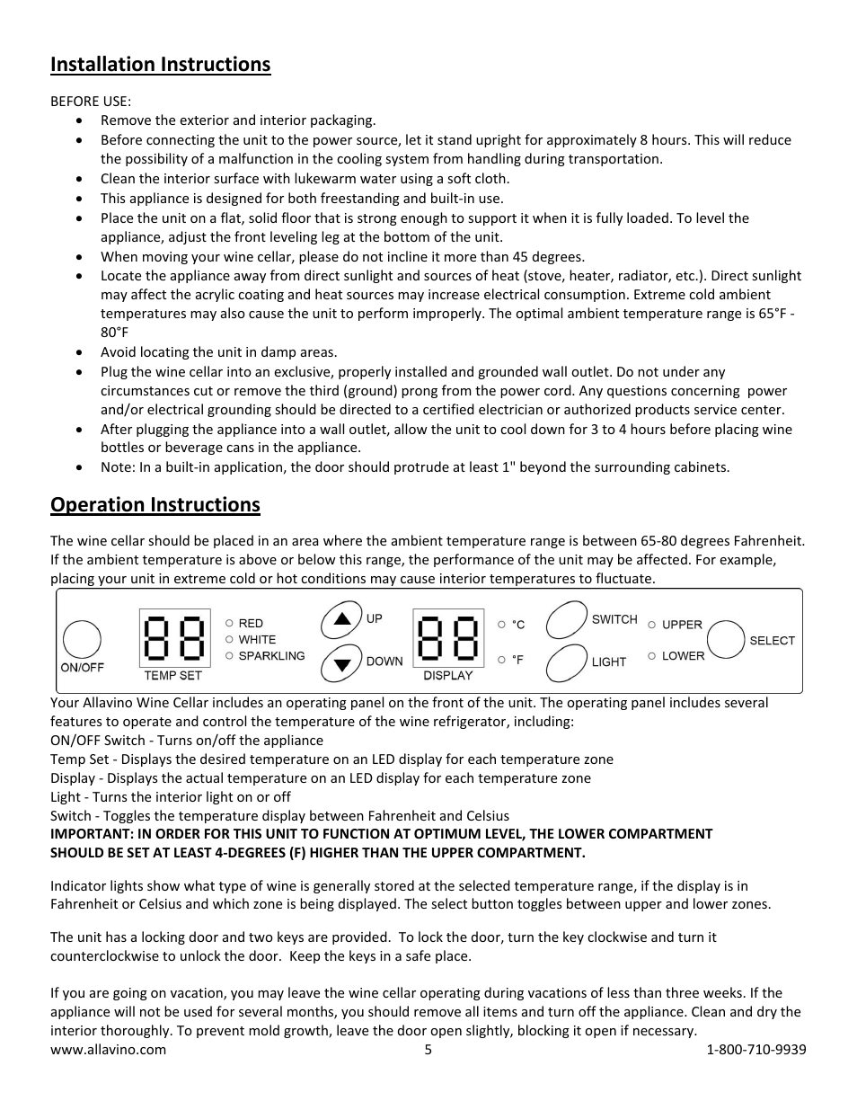 Installation instructions, Operation instructions | Allavino MWR-1682-BR-C Dual-Zone Wine Cellar Refrigerator - 170 Bottle Capacity - Right Hinge Black Door with Curved Handle User Manual | Page 5 / 10
