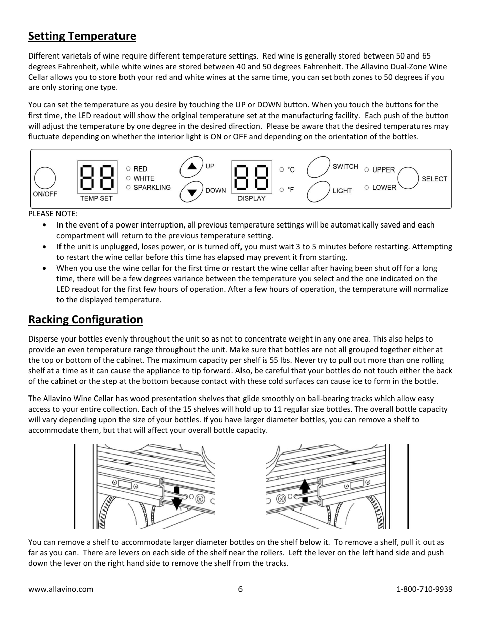 Setting temperature, Racking configuration | Allavino MWR-1682-BR-C Dual-Zone Wine Cellar Refrigerator - 170 Bottle Capacity - Right Hinge Black Door with Curved Handle User Manual | Page 6 / 10