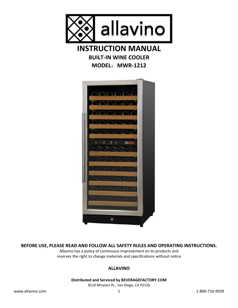 Allavino MWR-1212-BR-C Wine Cellar Refrigerator - 111 Bottle Dual-Zone - Right Hinge User Manual | 10 pages