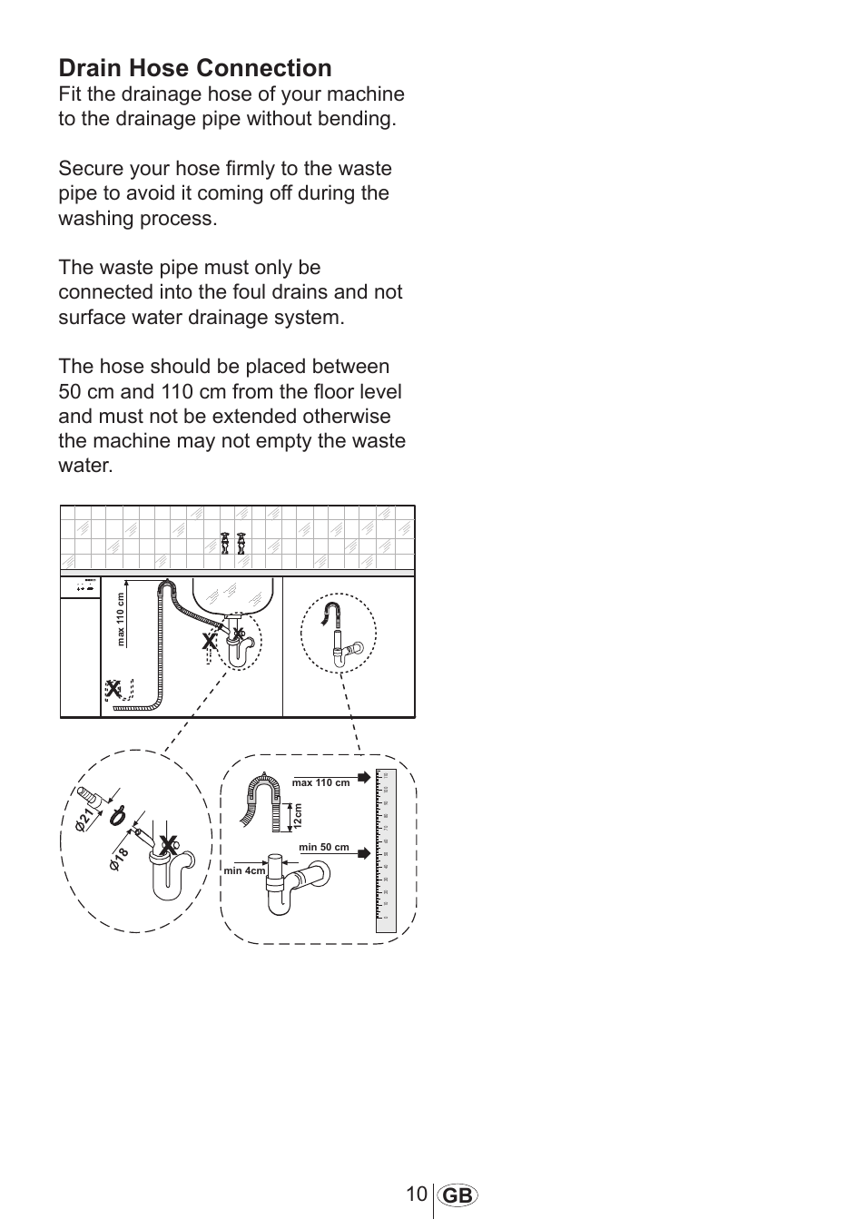 Drain hose connection, 10 gb | Beko DFN 1000 X User Manual | Page 11 / 36