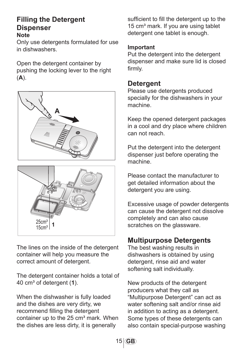Filling the detergent dispenser, Detergent, Multipurpose detergents | Beko DFN 1000 X User Manual | Page 16 / 36