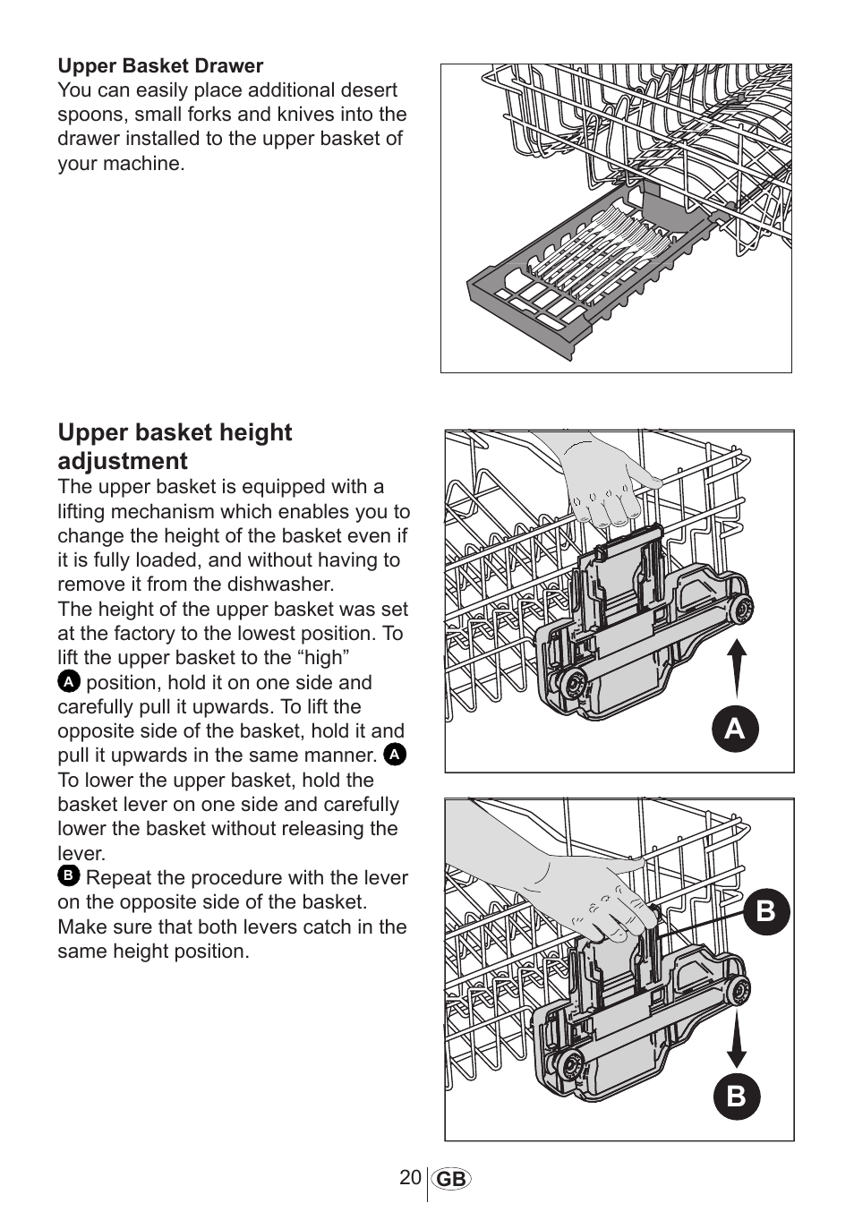 Upper basket height adjustment | Beko DFN 1000 X User Manual | Page 21 / 36