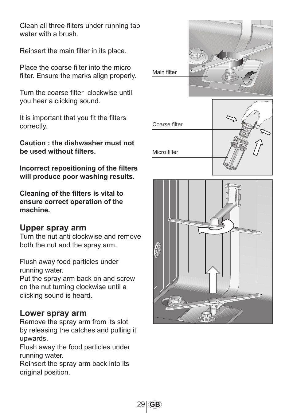 Upper spray arm, Lower spray arm | Beko DFN 1000 X User Manual | Page 30 / 36