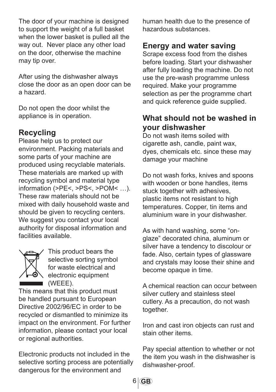 Recycling, Energy and water saving, What should not be washed in your dishwasher | Beko DFN 1000 X User Manual | Page 7 / 36