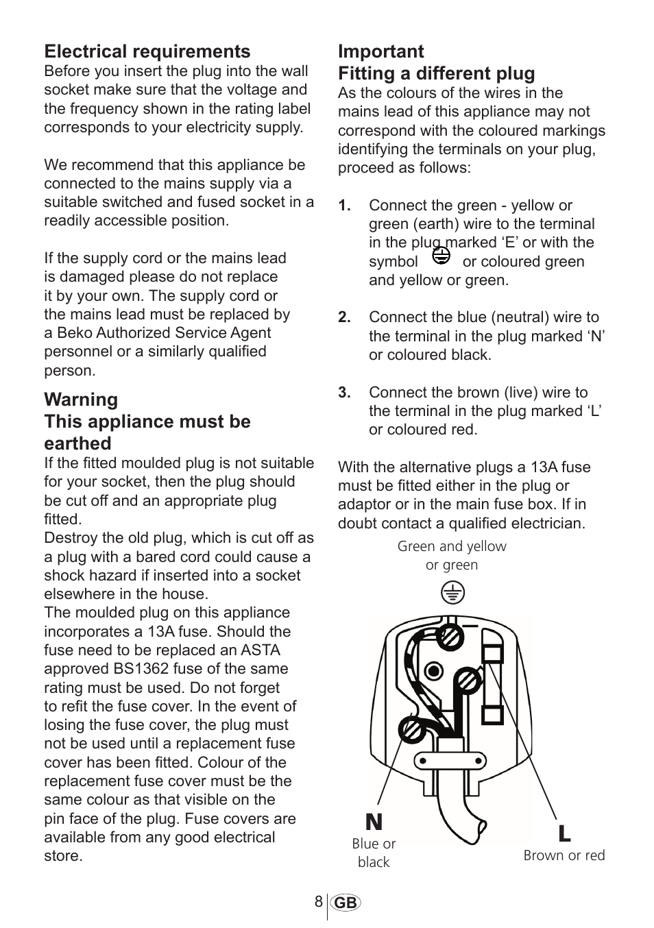 Warning this appliance must be earthed, Important fitting a different plug, Electrical requirements | Beko DFN 1000 X User Manual | Page 9 / 36