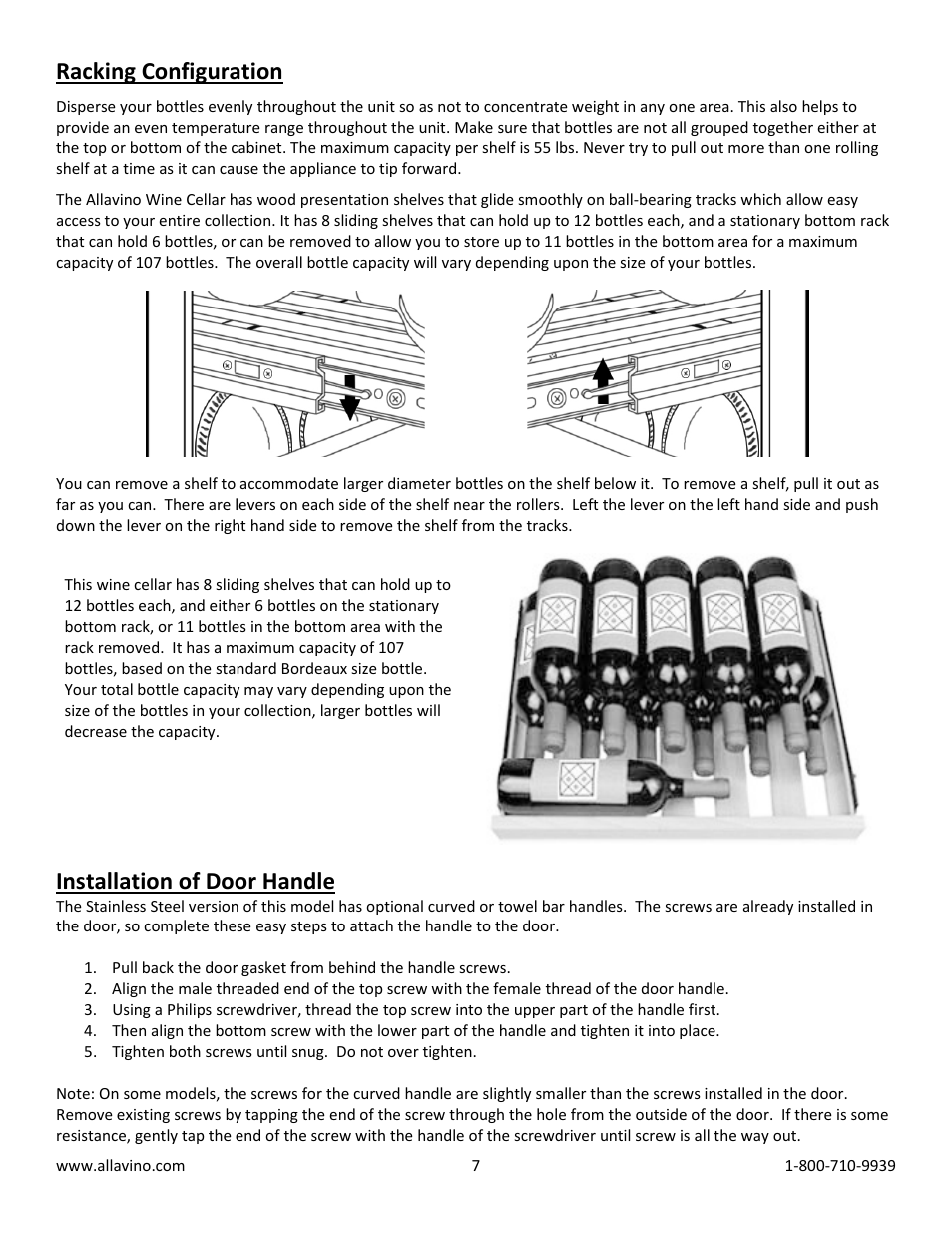 Racking configuration, Installation of door handle | Allavino Vite YWR-2715BRT Wine Cooler Refrigerator - 115 Bottle Capacity - Black Door with Towel Bar Handle User Manual | Page 7 / 11