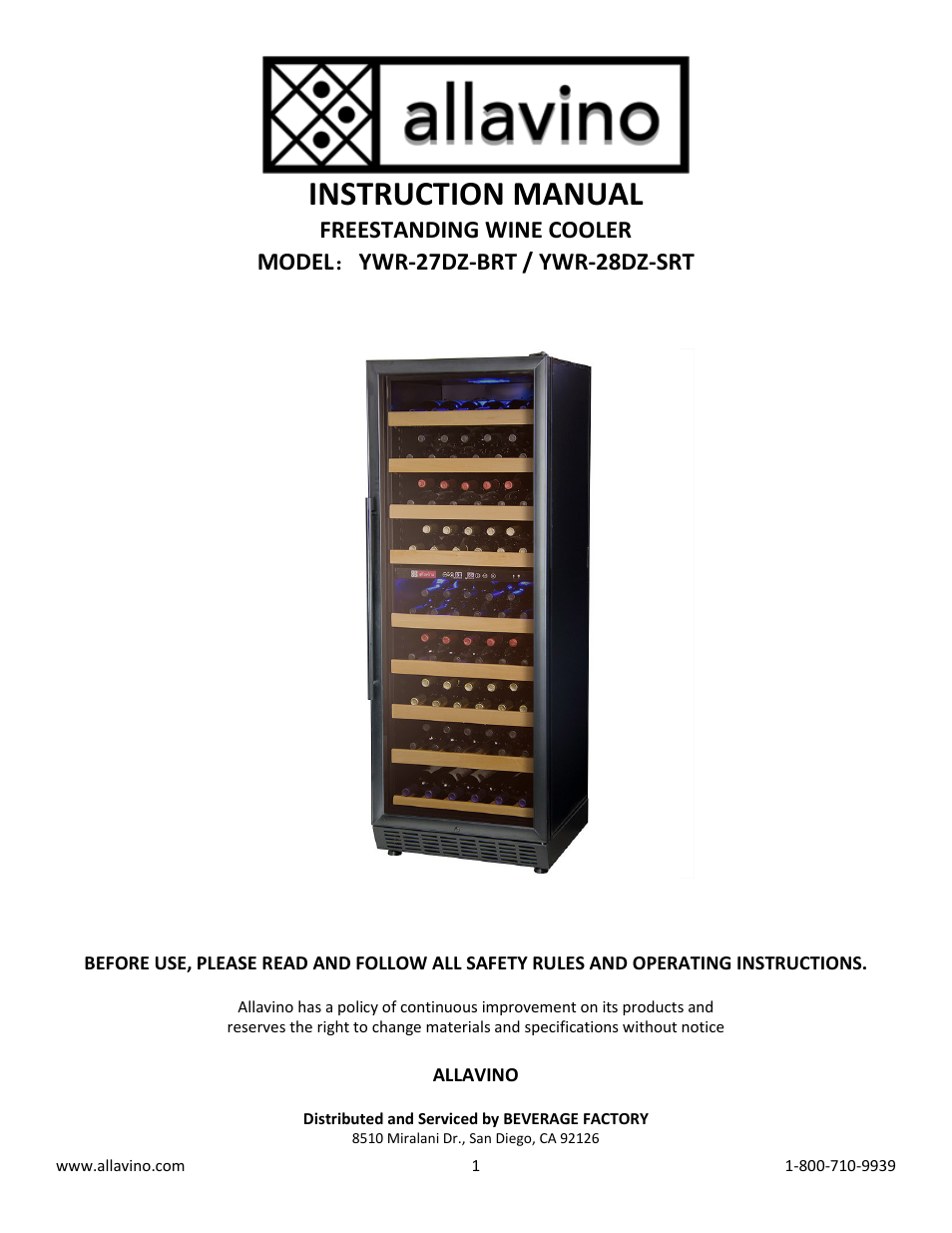 Allavino Vite YWR-2725SRT Dual-Zone Wine Cooler Refrigerator - 99 Bottle Capacity - Stainless Door with Towel Bar Handle User Manual | 11 pages