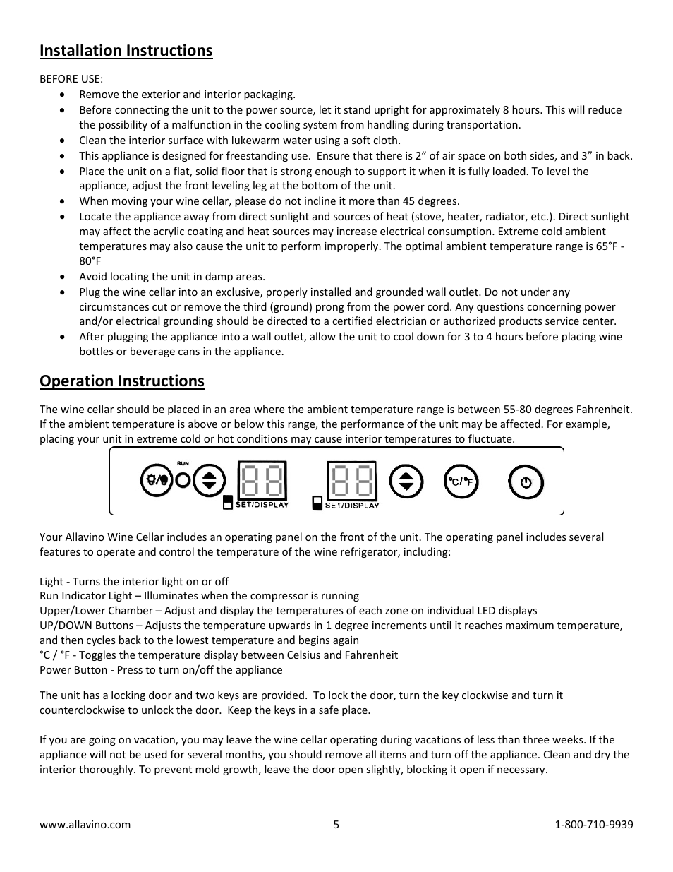 Installation instructions, Operation instructions | Allavino Vite YWR-2725SRT Dual-Zone Wine Cooler Refrigerator - 99 Bottle Capacity - Stainless Door with Towel Bar Handle User Manual | Page 5 / 11