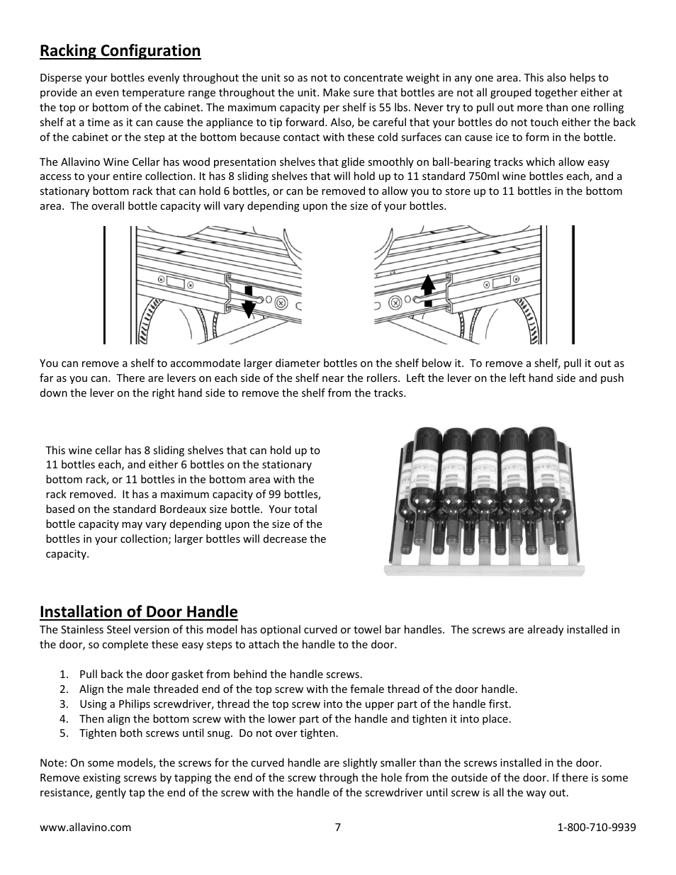 Racking configuration, Installation of door handle | Allavino Vite YWR-2725SRT Dual-Zone Wine Cooler Refrigerator - 99 Bottle Capacity - Stainless Door with Towel Bar Handle User Manual | Page 7 / 11