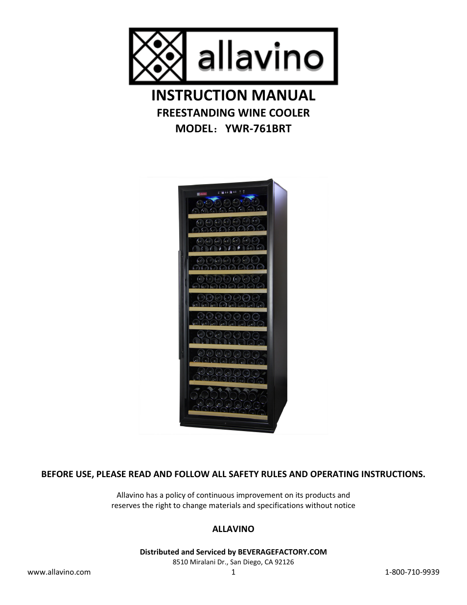Allavino Vite YWR-761BRT Wine Refrigerator - 305 Bottle Capacity - Black Door with Towel Bar Handle User Manual | 11 pages