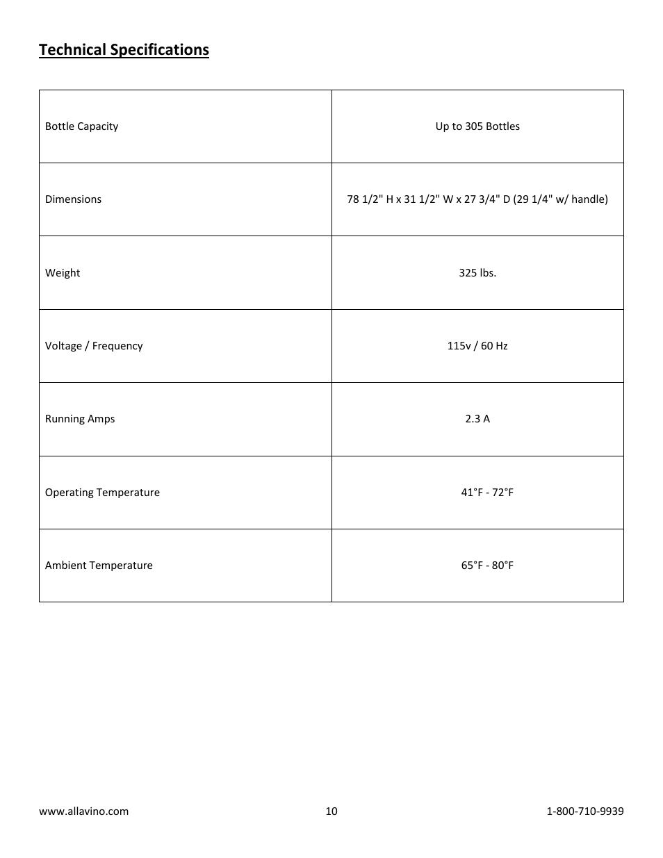 Technical specifications | Allavino Vite YWR-761BRT Wine Refrigerator - 305 Bottle Capacity - Black Door with Towel Bar Handle User Manual | Page 10 / 11