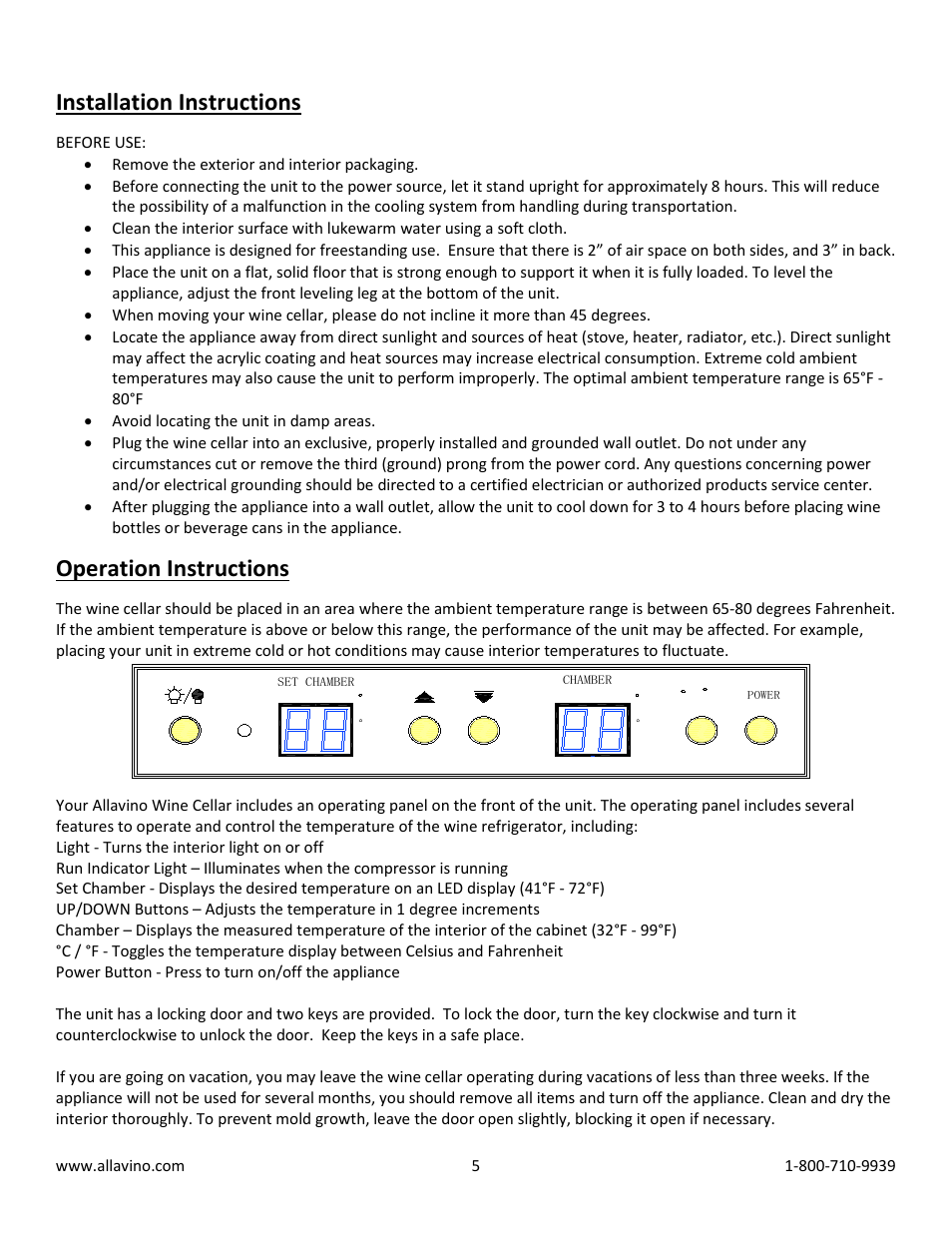 Installation instructions, Operation instructions | Allavino Vite YWR-761BRT Wine Refrigerator - 305 Bottle Capacity - Black Door with Towel Bar Handle User Manual | Page 5 / 11