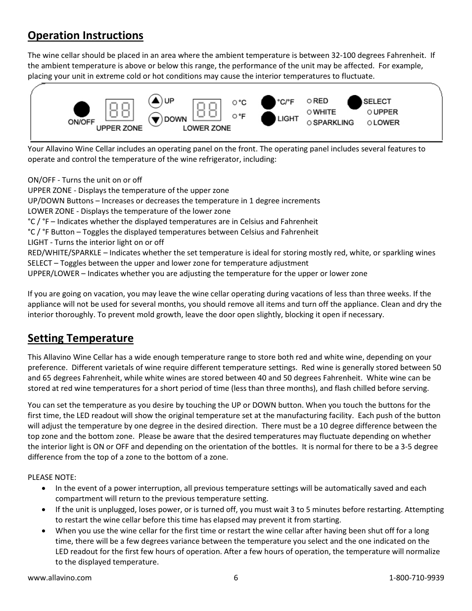 Operation instructions, Setting temperature | Allavino VWR1702-SRT FlexCount Series 172 Bottle Dual Zone Wine Refrigerator with Towel Bar Handle - Right Hinge User Manual | Page 6 / 10