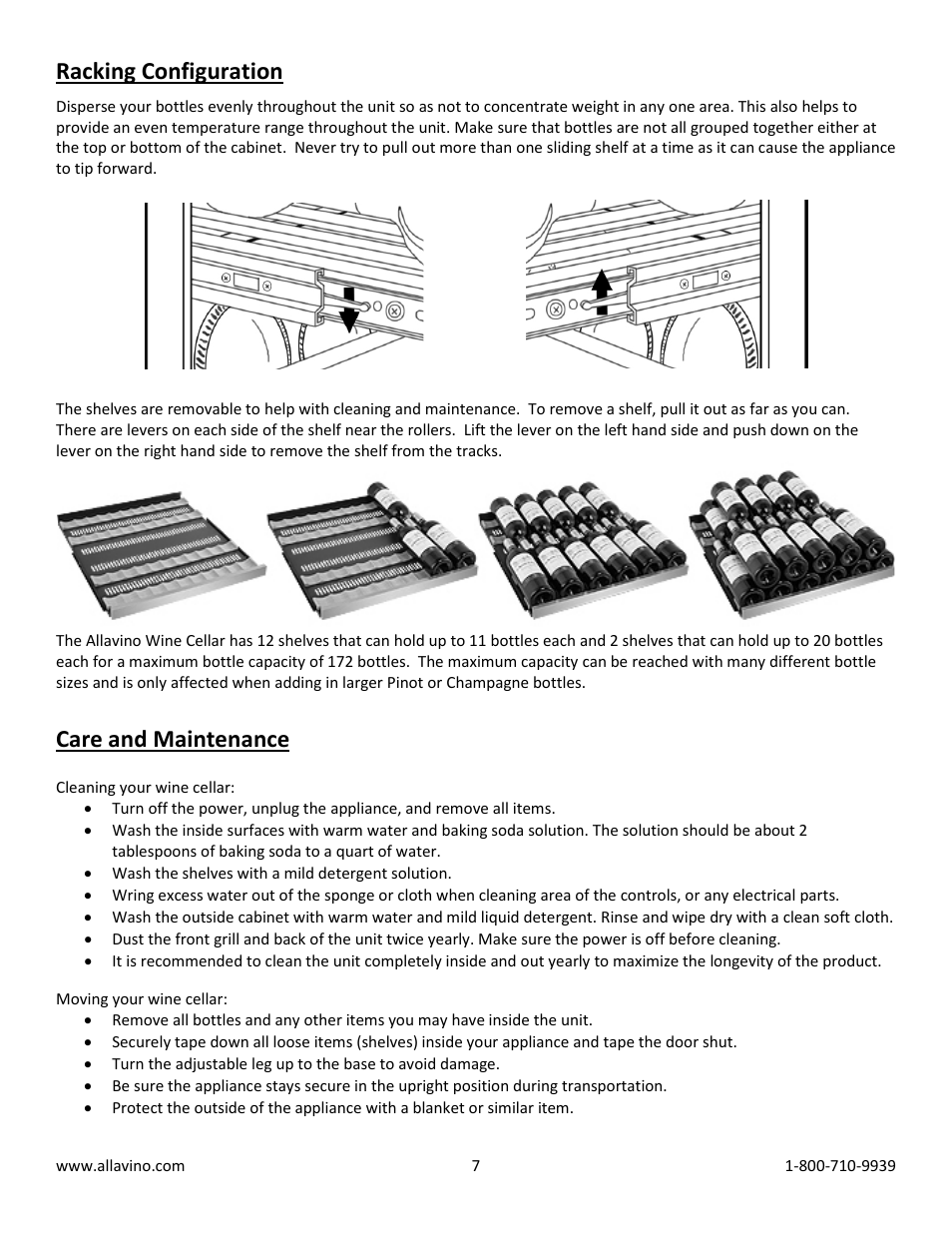 Racking configuration, Care and maintenance | Allavino VWR1702-SRT FlexCount Series 172 Bottle Dual Zone Wine Refrigerator with Towel Bar Handle - Right Hinge User Manual | Page 7 / 10