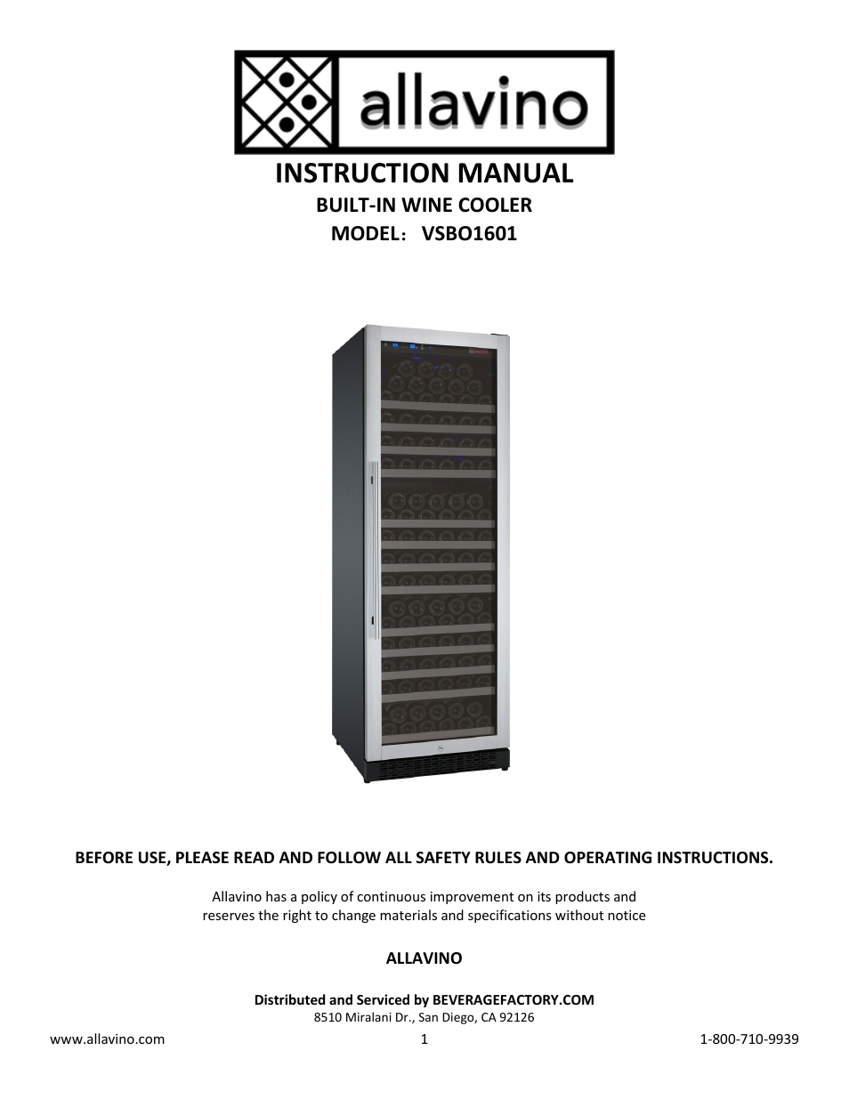 Allavino VWR1601-SRT FlexCount Series 177 Bottle Single Zone Wine Refrigerator with Towel Bar Handle - Right Hinge User Manual | 10 pages